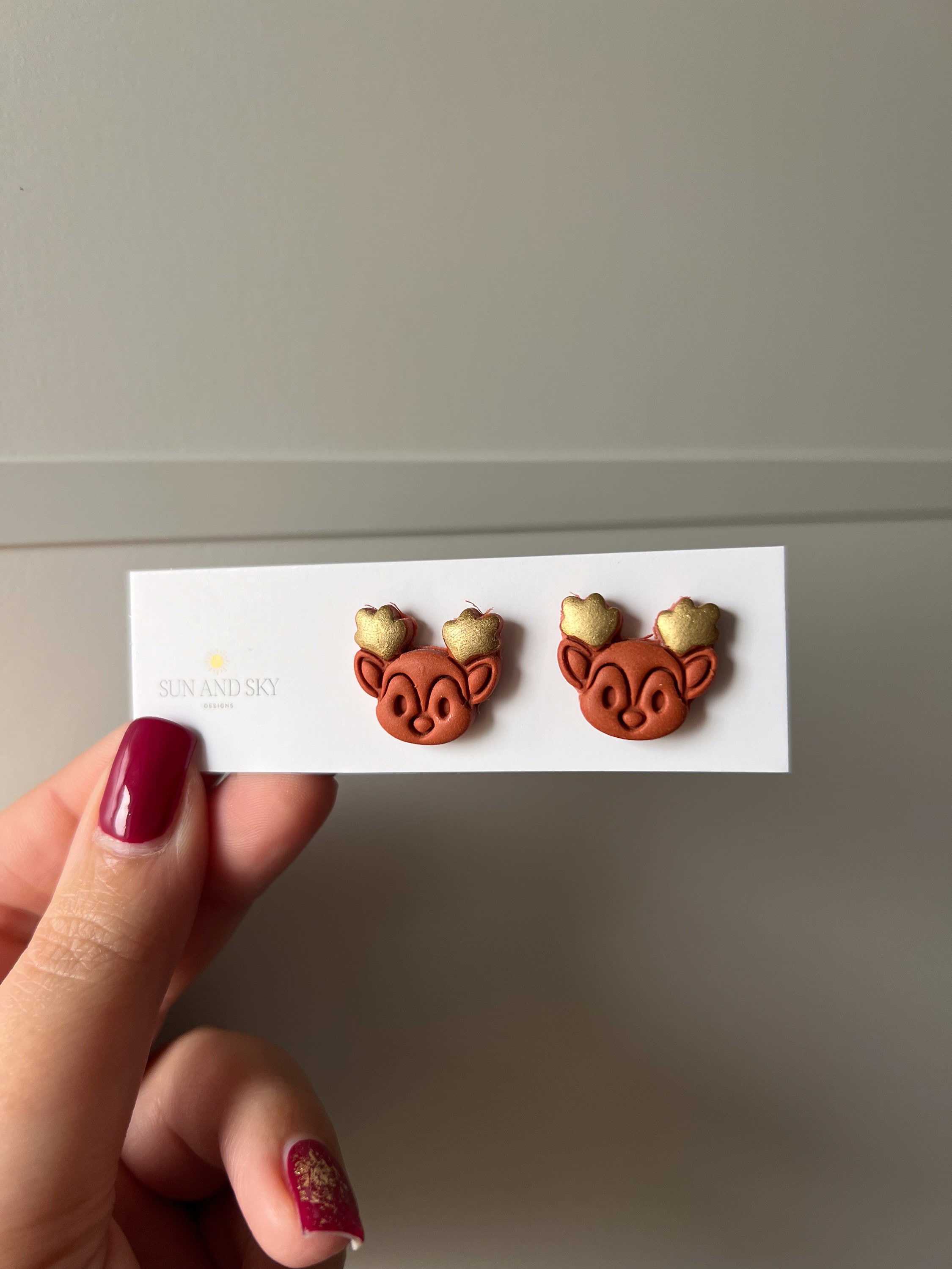 Reindeer Christmas Stud Polymer Clay Earrings | Brown & Gold Festive Handmade Stainless Steel