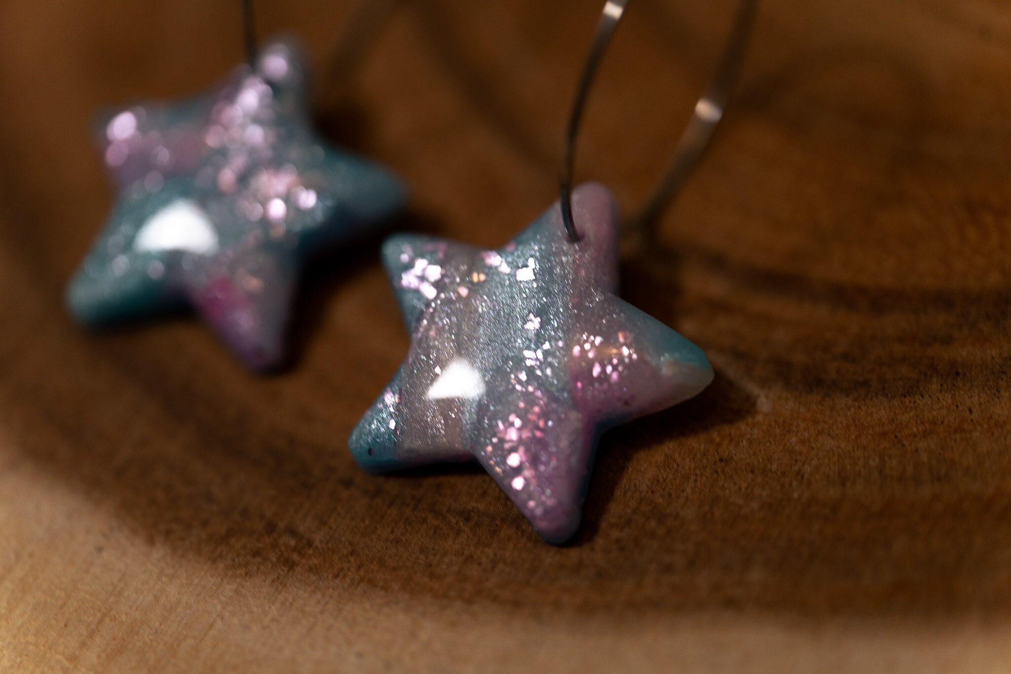 Blue & Pink Marbled Star Hooped Earrings | Polymer Clay Festive Christmas New Year Party Handmade