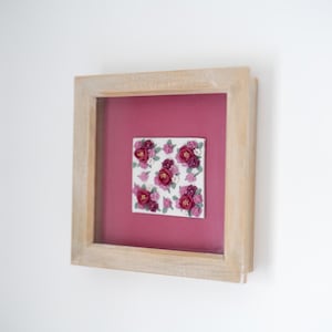 Pink Roses Floral Art Frame | 6-inch Square Natural Wood Frame | Clay Wall Decor 3D Floral Art