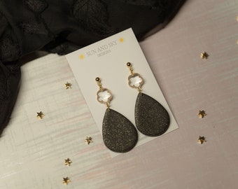 Black Glitter Glass Flower Charm Polymer Clay Dangle Earrings | Gold Plated Stainless Steel | Handmade