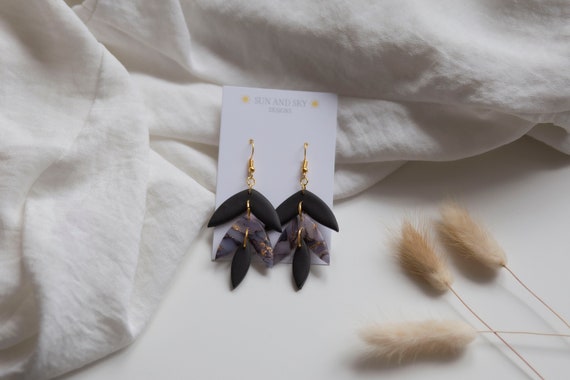 Black and Gold Translucent Marble Leaf Dangle Earrings | Fun Summer Fashion | Neutral | Polymer Clay Earrings | Stainless Steel | Handmade