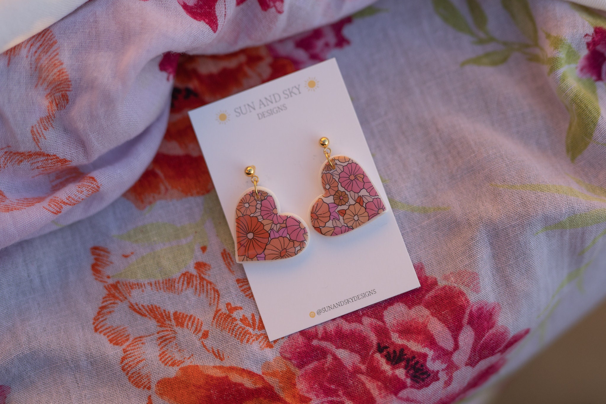 Flower Power Glossy Heart Clay Dangle Earrings | Cute Summer Fashion Resin Coated Large Statement Handmade