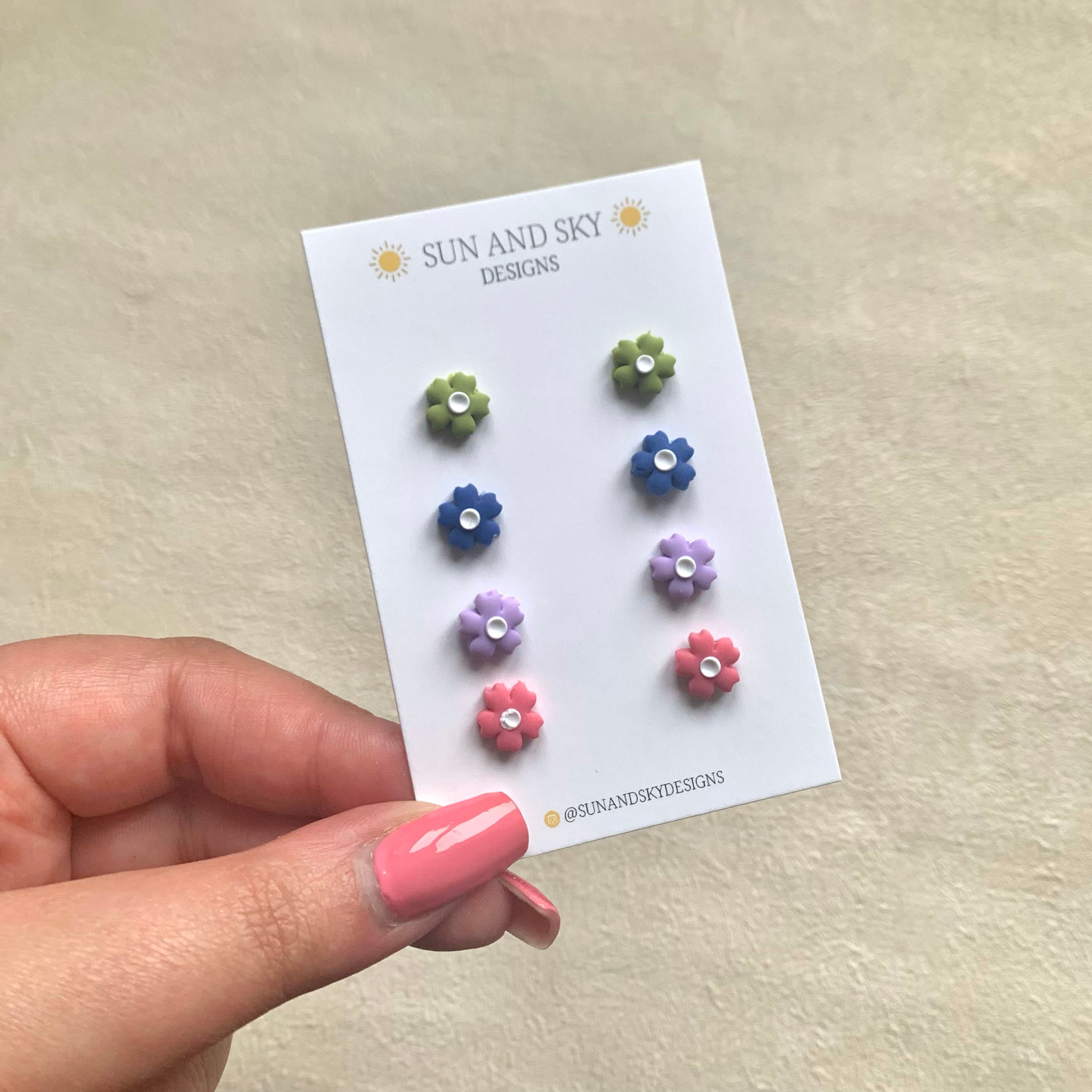 Mini Green Blue Purple & Pink Floral Polymer Clay Stud Pack | Fun Summer Jewellery Earrings Handmade