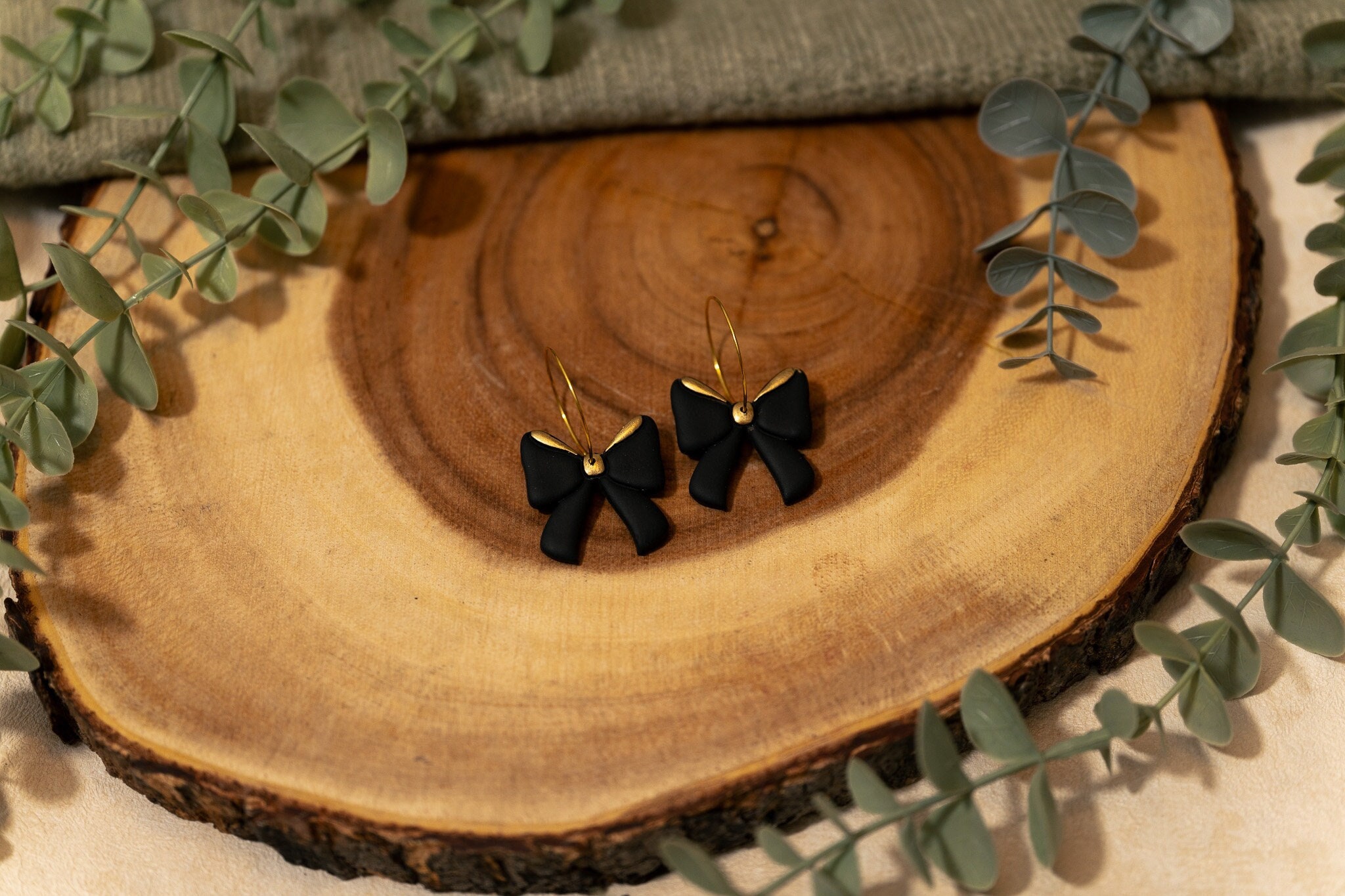 Black & Gold Bow Hooped Earrings | Polymer Clay Festive Christmas New Year Party Handmade