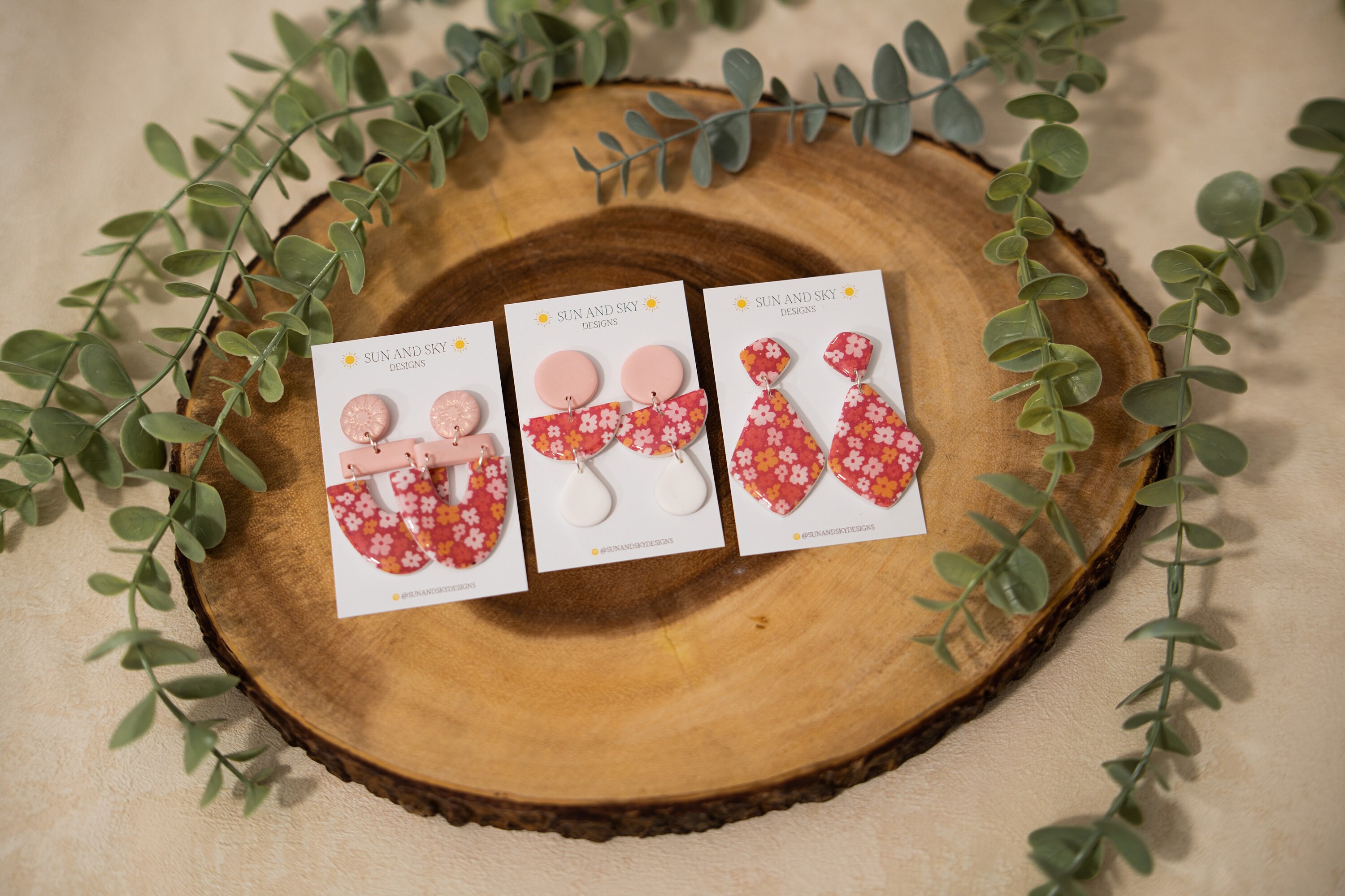 Red Floral Printed Polymer Clay Statement Earrings | Resin Gloss Finish Handmade