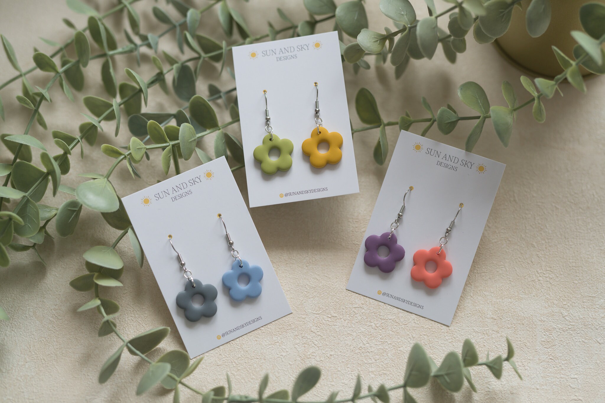 Small Flower Mismatch Polymer Clay Dangle Earrings | Yellow Green Pink Purple Grey Blue Stainless Steel Handmade