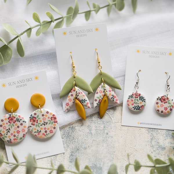 Summer Floral Polymer Clay Earrings | Mustard Yellow Leaf Green Delicate Floral Transfer Jewellery | Resin Gloss Stainless Steel | Handmade