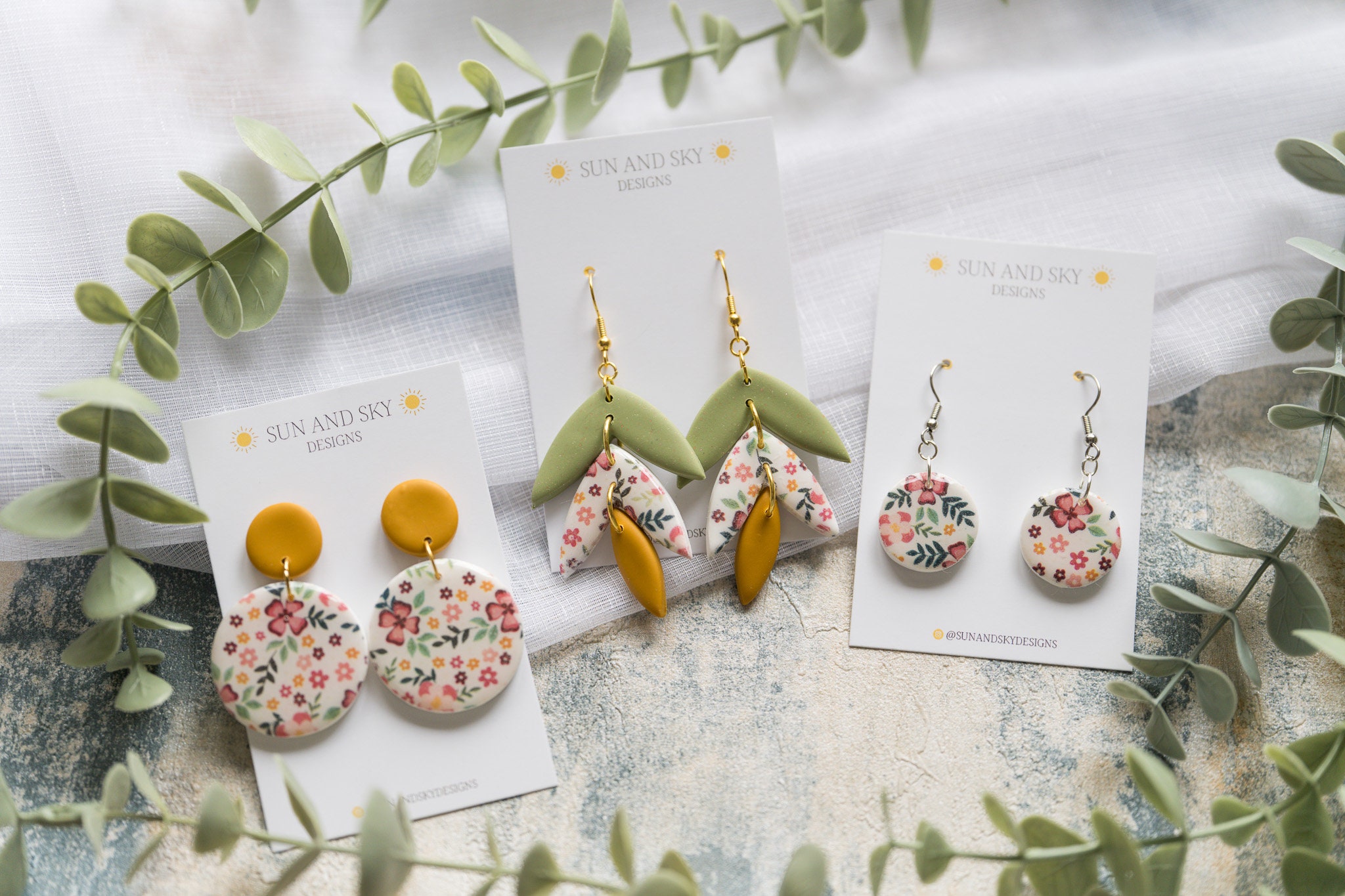 Summer Floral Polymer Clay Earrings | Mustard Yellow Leaf Green Delicate Transfer Jewellery Resin Gloss Stainless Steel Handmade