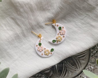 Neutral Floral Bouquet Moon Polymer Clay Earrings | One of a Kind Spring Jewellery | Handmade