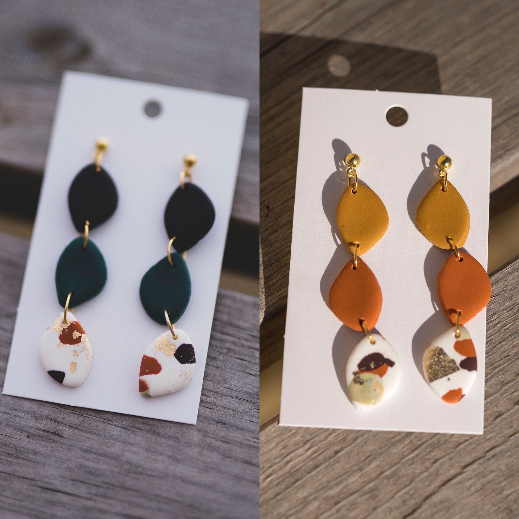 Autumn Terrazzo Statement Earrings | Forest Green Rust Orange Mustard Abstract Gold Plated Polymer Clay Handmade