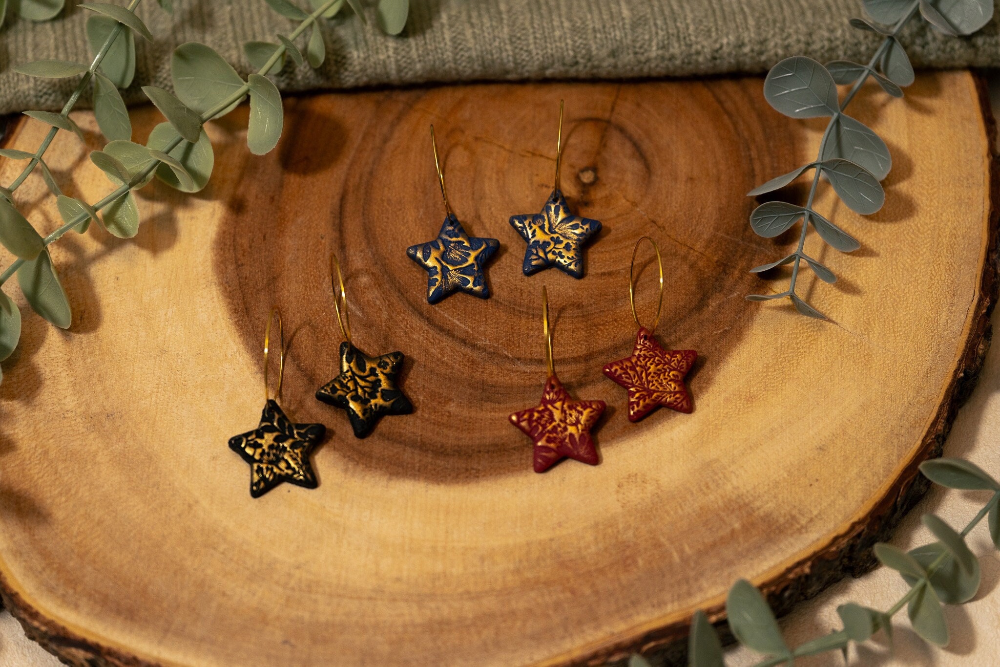 Gold Floral Star Hoop Dangle Earrings | Polymer Clay Festive Christmas New Year Party Handmade