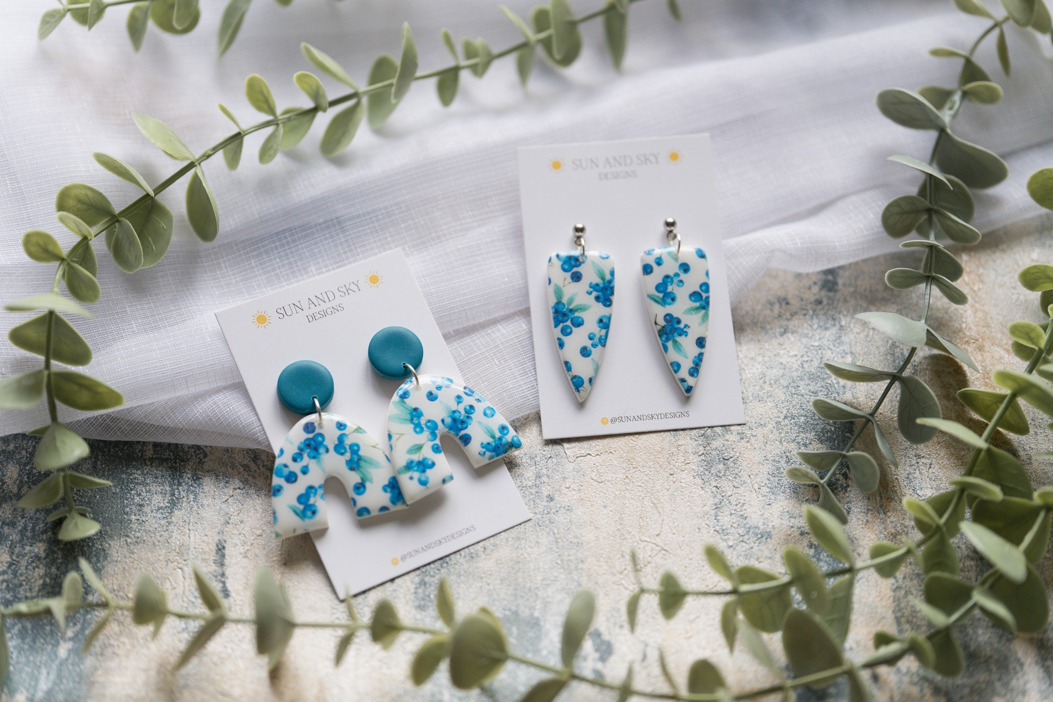 The Blueberry Collection | Fruity Summer Polymer Clay Earrings Resin Gloss Blue & White Jewellery Stainless Steel Handmade
