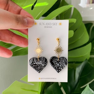 Black and Gold Floral Print Heart Earrings | Statement Polymer Clay Earrings | Leaf Print Sun Charm | Handmade