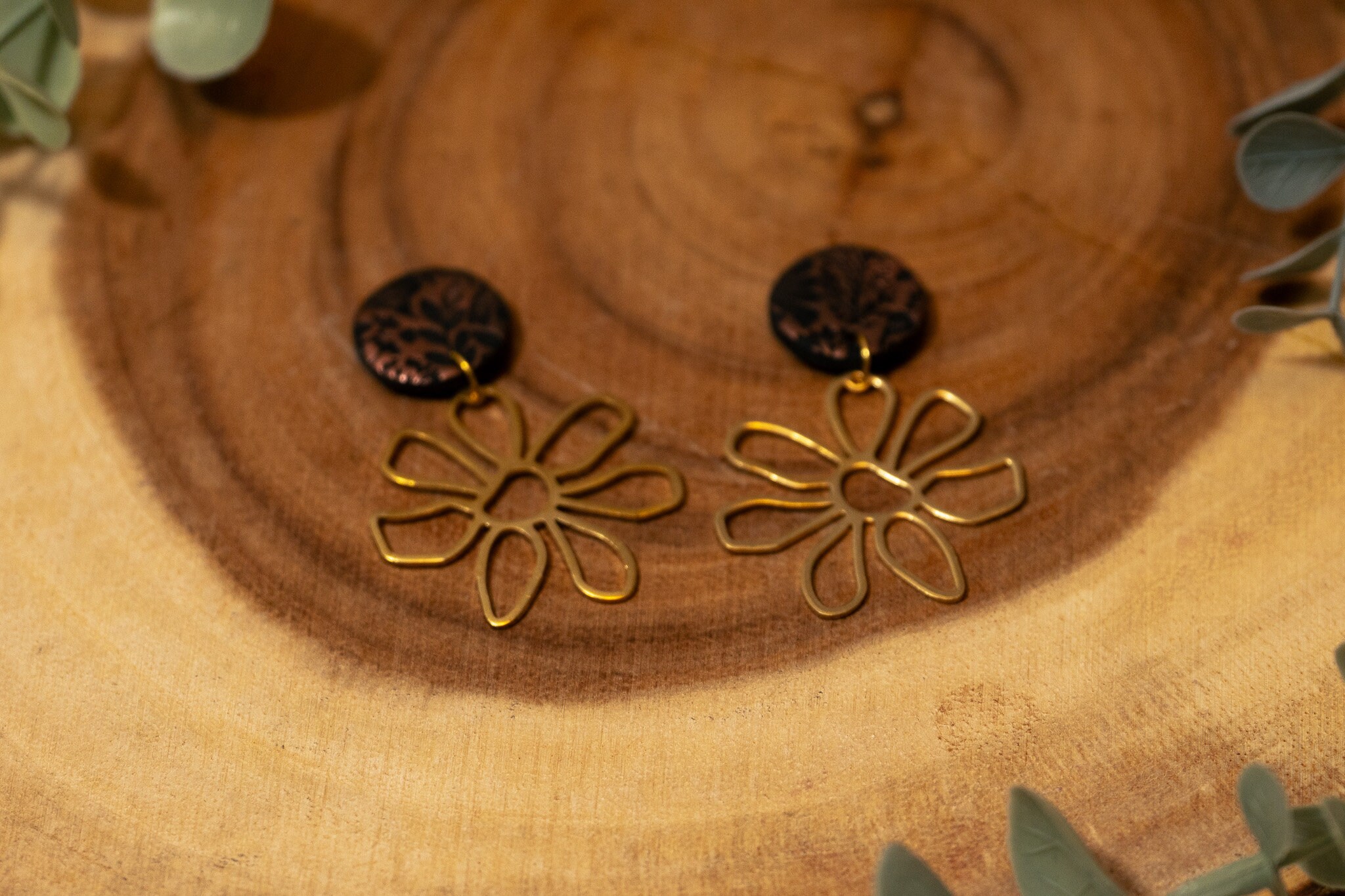Black & Copper Floral Circle Dangles With Brass Charm | Polymer Clay Festive Christmas New Year Party Earrings Handmade