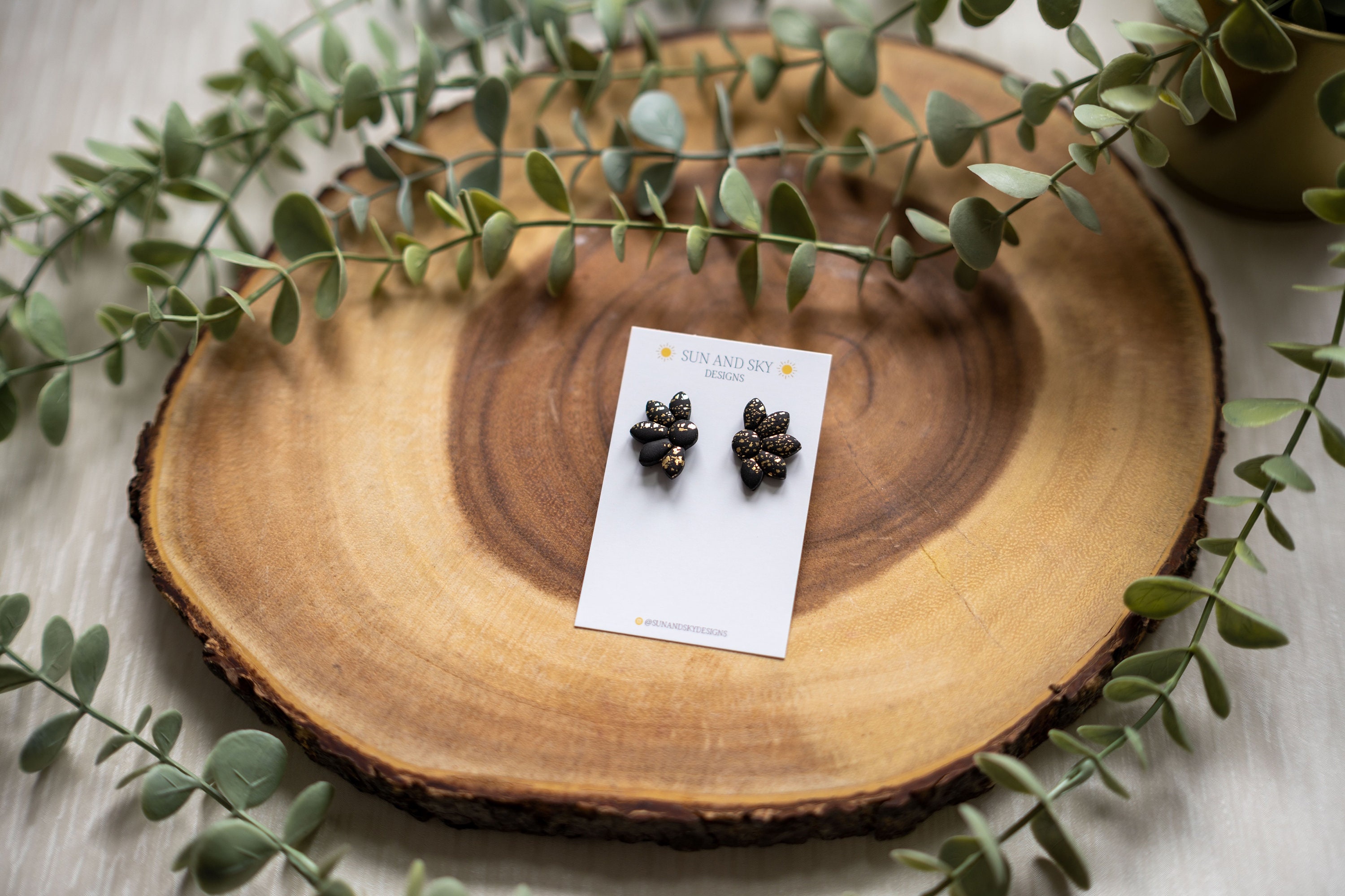 Black & Gold Leaf Floral Stud Polymer Clay Earrings | Classic Fashion Monochrome Handmade