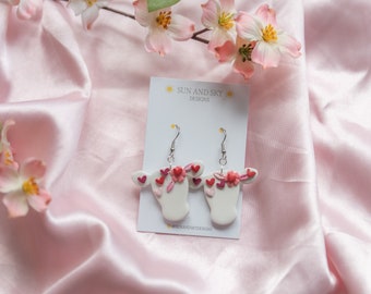 The Valentines Collection | White Cow Earrings with Heart and Floral Details | Polymer Clay Earrings | Handmade