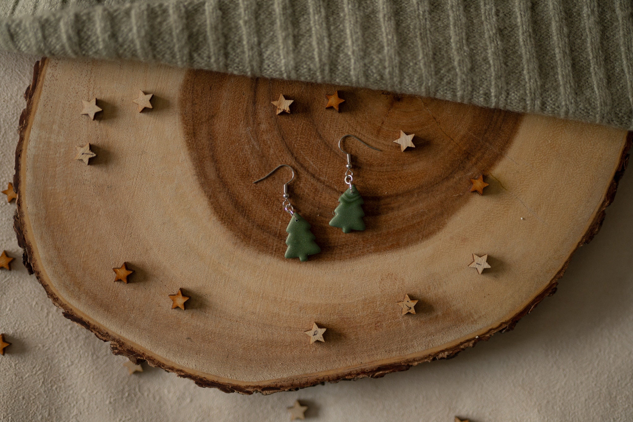 Mini Christmas Tree Polymer Clay Dangle Earrings | Festive Gold Plated Stainless Steel Handmade