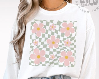 Checkered Flower Svg Png, Groovy Flowers Svg Png, Spring Svg Png, Spring Shirt, Groovy Spring Svg Png, Cut File, Sublimation