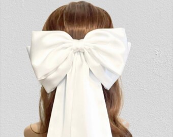 Giant White Satin Hair Bow: Bridal Wedding Clip with Long Tails