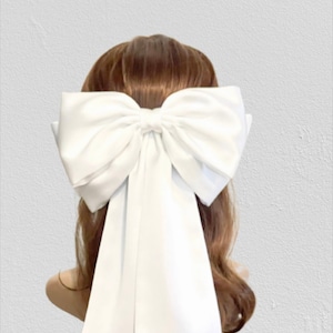 satin giant hair bow , oversized women hair bows, White hair bow bridal bow wedding bow, hair bow clip long tails hair bow, hair accessories