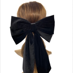 Black velvet oversized hair bow, long tail French barrette, French bow clip, black bow hair clip, black velvet hair clip, hair bow clip