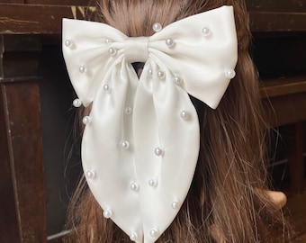 Pearl Satin Wedding Hair Bow Clip: Bridal Hair Accessory - Etsy display picture 2