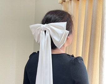 Bridal hair bow, bow for veil, hair bow for women,  ivory white satin hair bow, double layer hair bow, hair bow for wedding