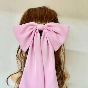 Pink satin big bow, long bow hair clip, bow for women, bow for mom, hair bows hair accessories