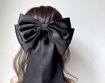 Black  bow, long bow, satin hair bow, barrette, Giant hair bow, women hair bow,double layers bow