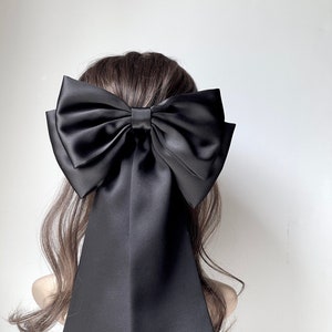 Black  bow, long bow, satin hair bow, barrette, Giant hair bow, women hair bow,double layers bow