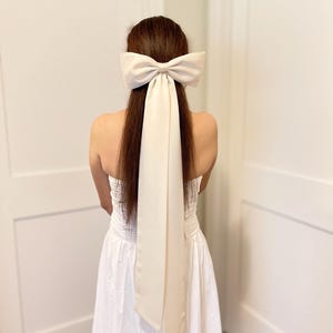 Handmade White Satin Wedding Hair Bow with Long Tails
