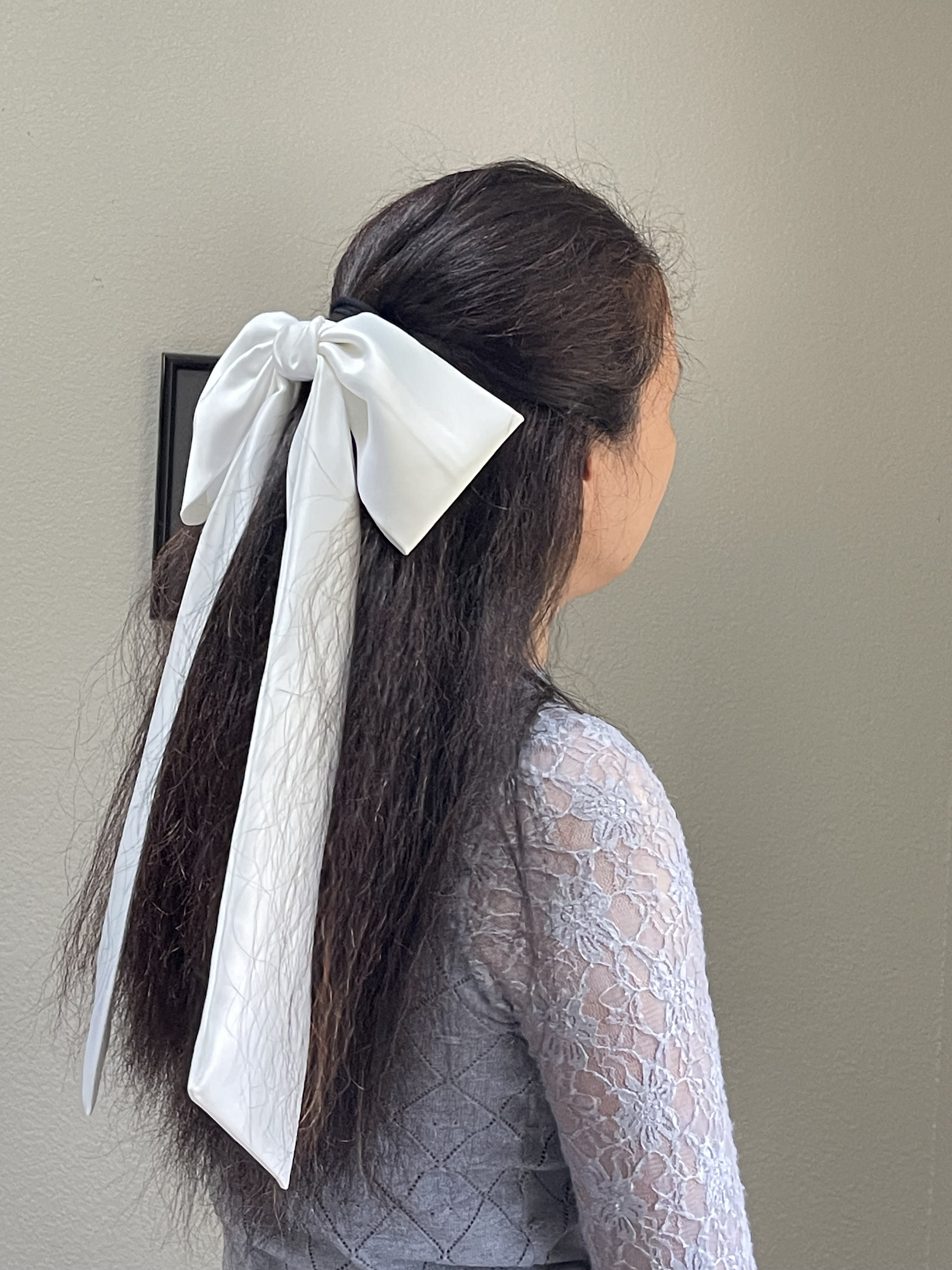 Satin White Hair Bow Large Ribbon Barrette, Wedding  display picture 1