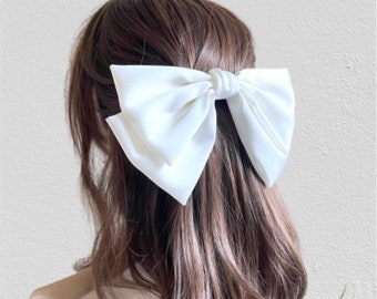 Silk satin hair bow white black hair ribbon hair bows for adults women hair clips