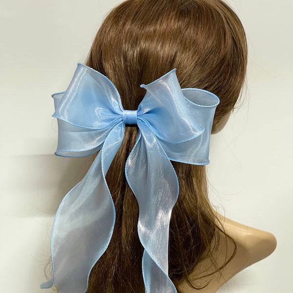 Blue hair bow, blue hair clip, light blue bow, blue bow for women, blue bow for girls. Adult long tails hair bow, blue organza bow