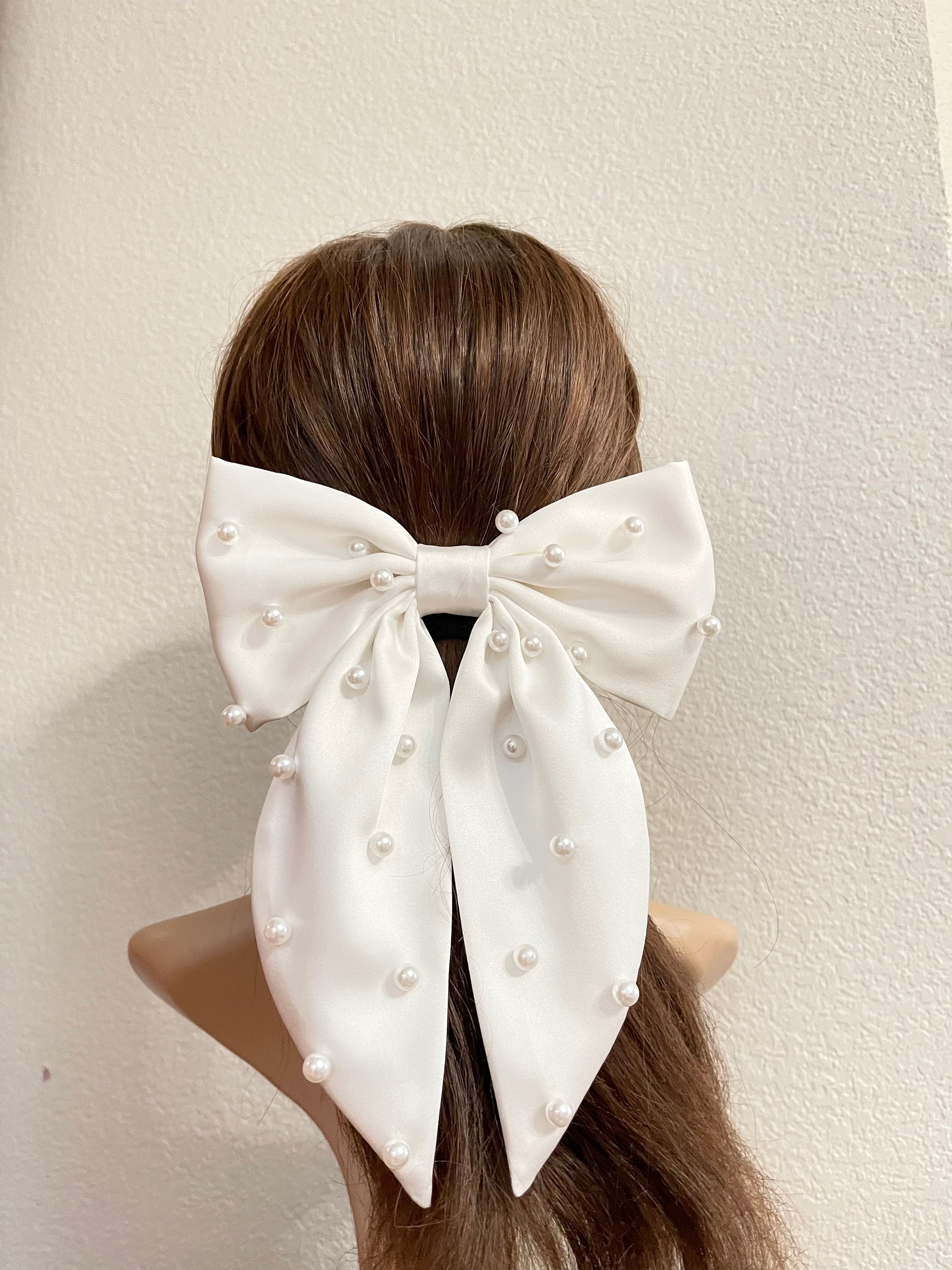 Cute Ribbon Bow Imitation Pearl Hair Clip, Women