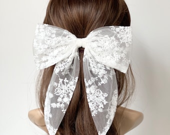 Bridal Hair Bow, White Lace Wedding Hair Bow Romantic Statement Hair Accessory