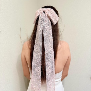 May include: A pale pink hair bow with long, flowing ribbons. The bow and ribbons are covered in small, sparkling sequins. The hair accessory is worn in the hair, with the ribbons cascading down the back.