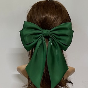 Forest Green Satin Hair Bow: Pearlescent Steel Barrette