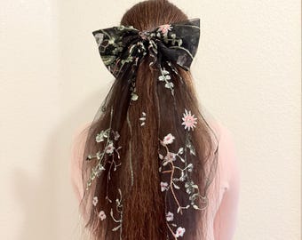 Black tulle bow embroidered flowers bow