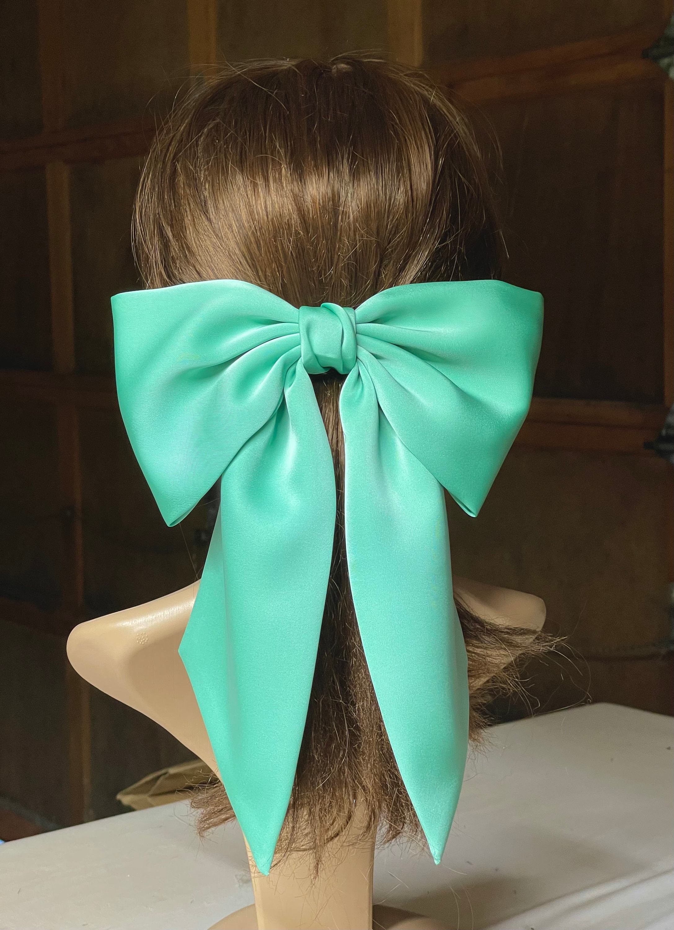 Oversized Green Satin Hair Bow - Steel Barrette Clip - Etsy display picture 2