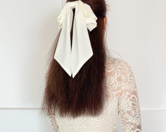 Ivory chiffon Hair Bow, bridal hair clip with long tail women hair bow