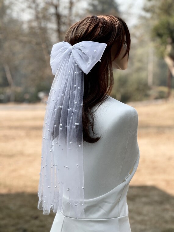 Pearl Tulle Bow Hair Bow Bridal Veils Raw Edge - Etsy display picture 1