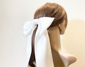 Satin Hair Bow, Oversized Bridal Bow, Long Tail Barrette
