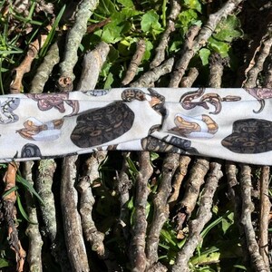 May include: A white headband patterned with illustrations of snakes in brown, grey, and tan. The headband is twisted in the middle and lies on twigs and grass. A sticker with a raven and the text "Ravens Mischief" is visible.