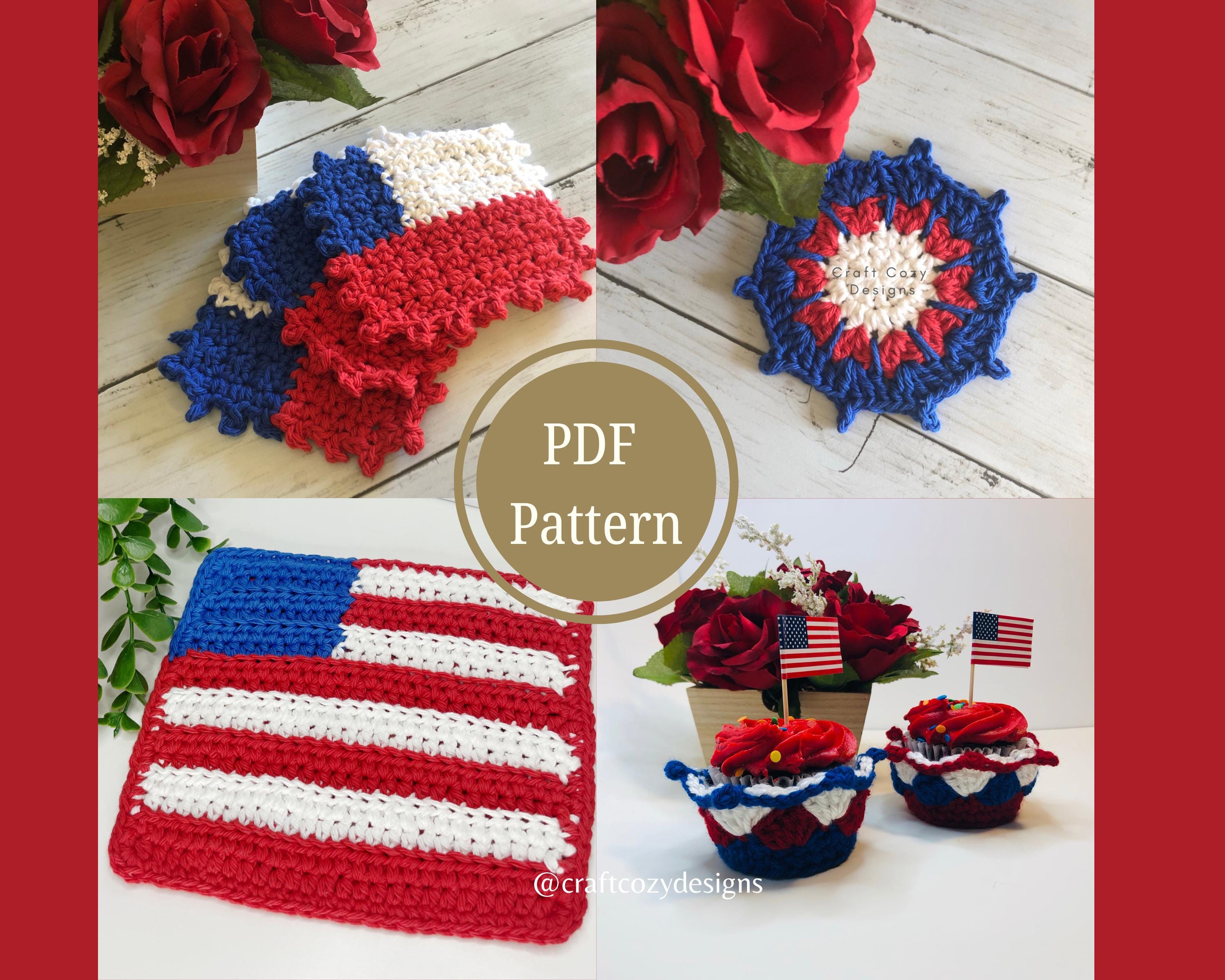 39 Red, White, and Blue Crochet Patterns for Festive Celebrations 24 Patriotic Crochet Pattern Bundle: American Flag Coaster