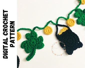 Patrón de guirnalda de trébol de ganchillo: aplique de trébol del Día de San Patricio (patrón digital)