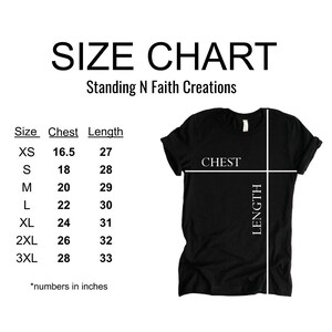 May include: Size chart for a t-shirt with measurements in inches for chest and length. Sizes range from XS to 3XL. The chart shows a black t-shirt with the words "CHEST" and "LENGTH" marked on it.