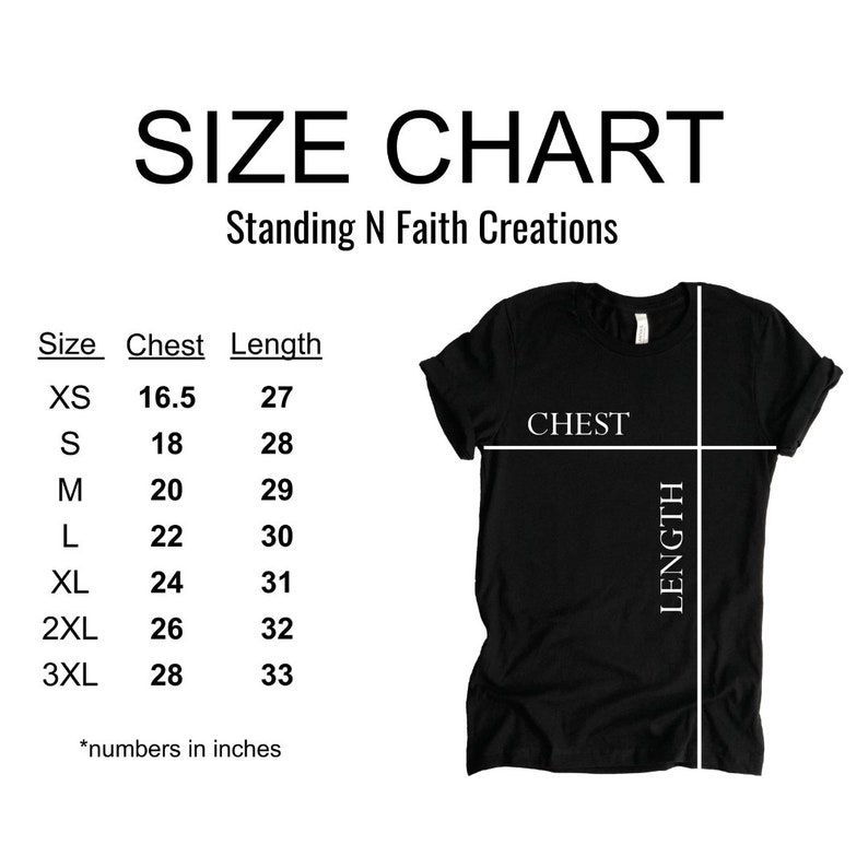 May include: Size chart for a t-shirt with measurements in inches for chest and length. Sizes range from XS to 3XL. The chart shows a black t-shirt with the words "CHEST" and "LENGTH" marked on it.