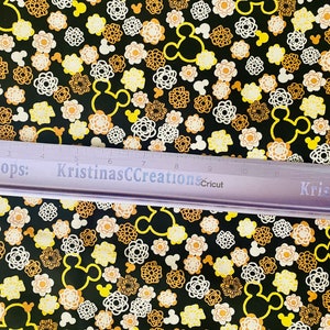 Disney World Hidden Mickey brown white yellow flowers 100% cotton craft fabric cut “fat eighth” cut 18 inches tall x 11 inches wide