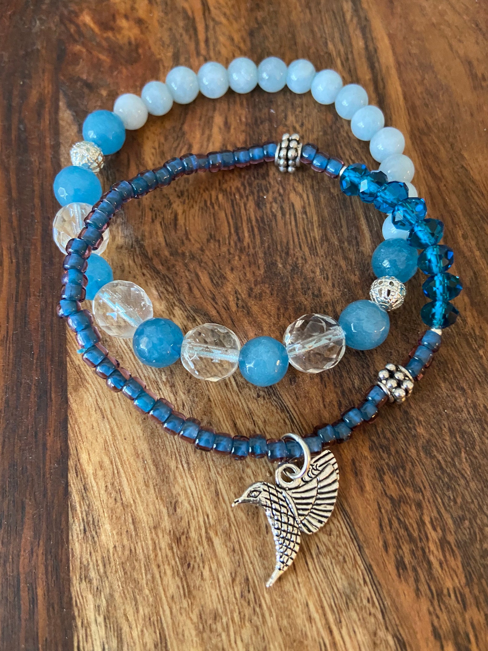 Stacked Blue Beaded Bracelets, Layered Bracelets, Bohemian Style